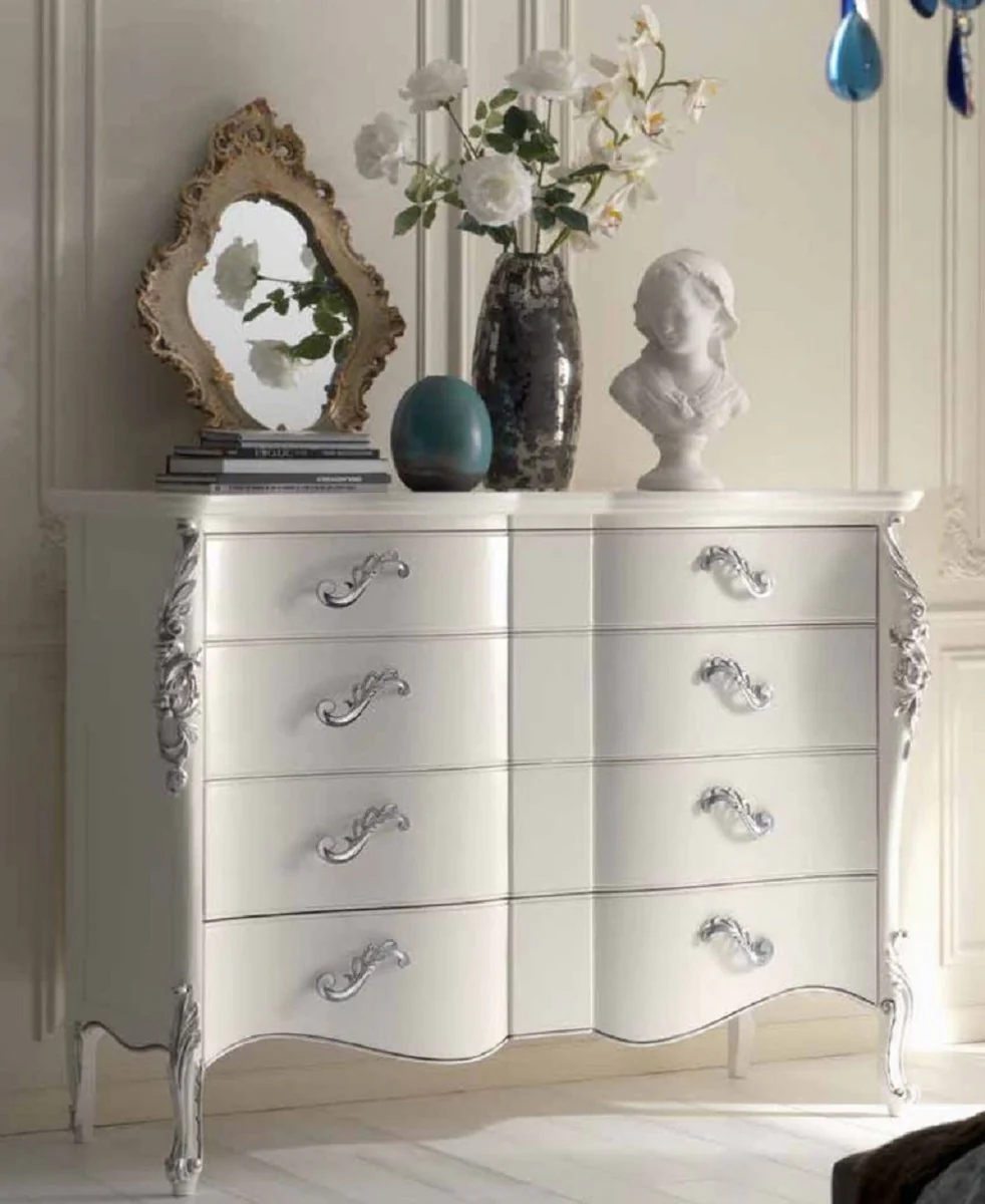 Luxury Baroque chest of drawers white / silver - Handmade solid wood chest of drawers with 4 drawers - Baroque style bedroom furniture - Baroque furniture - Luxury quality - Made in Italy