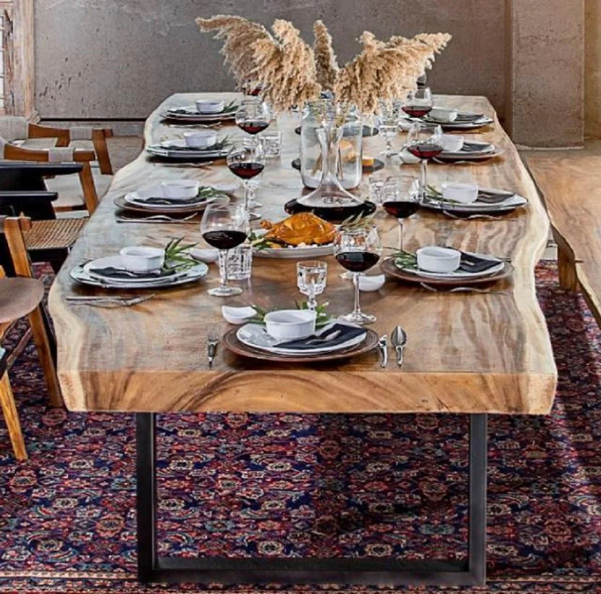 Luxury dining table natural color / black 400 x 100-120 x H. 76 cm - Rectangular kitchen table with solid wood table top - Dining room furniture - Kitchen furniture - Luxury furniture - Luxury furnishings