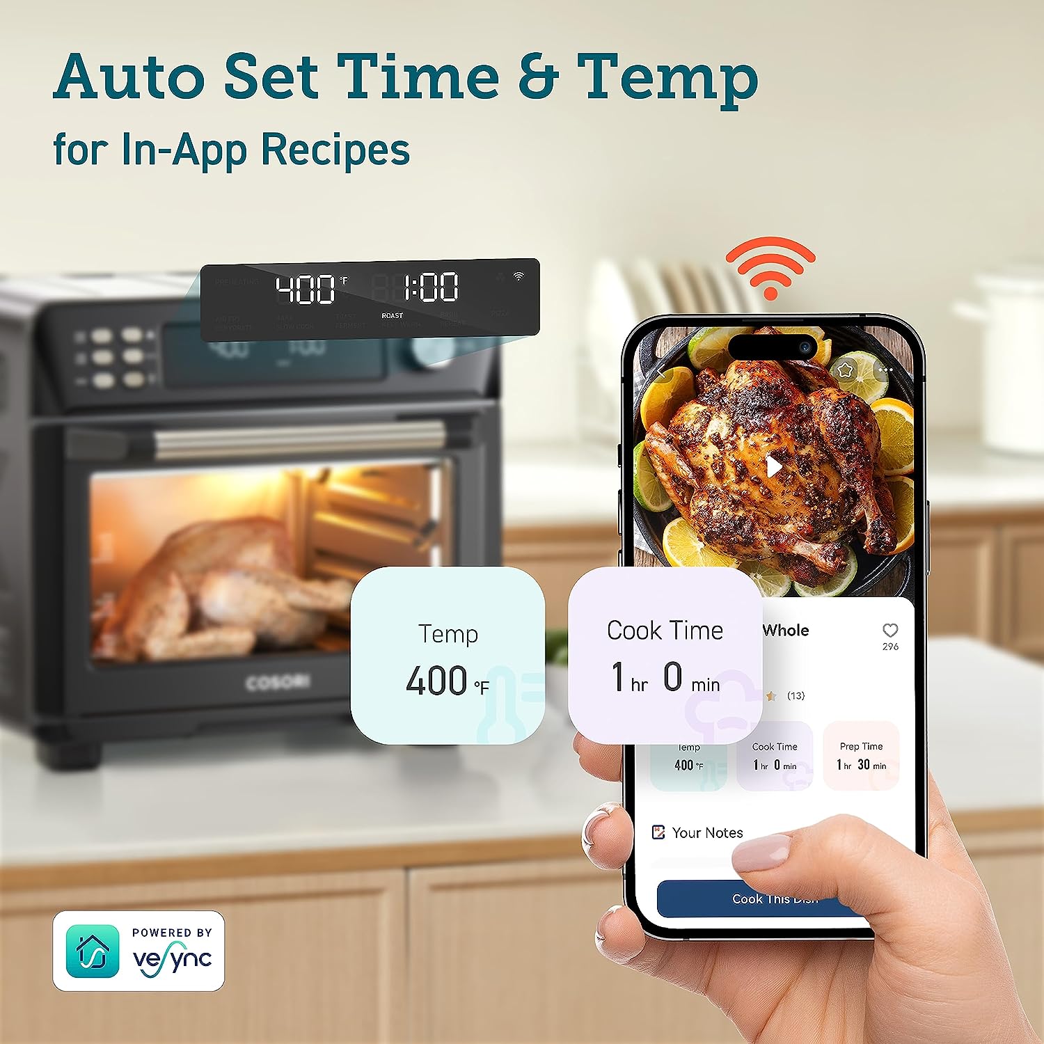 COSORI Toaster Ofen Luft Fryer Combo, 12-in-1, 26QT Konvektion Backofen Countertop, mit Toast, Bake und Broil, Smart, 6 Slice Toast, 12'' Pizza, 75 Rezepte & Zubehör, Schwarz