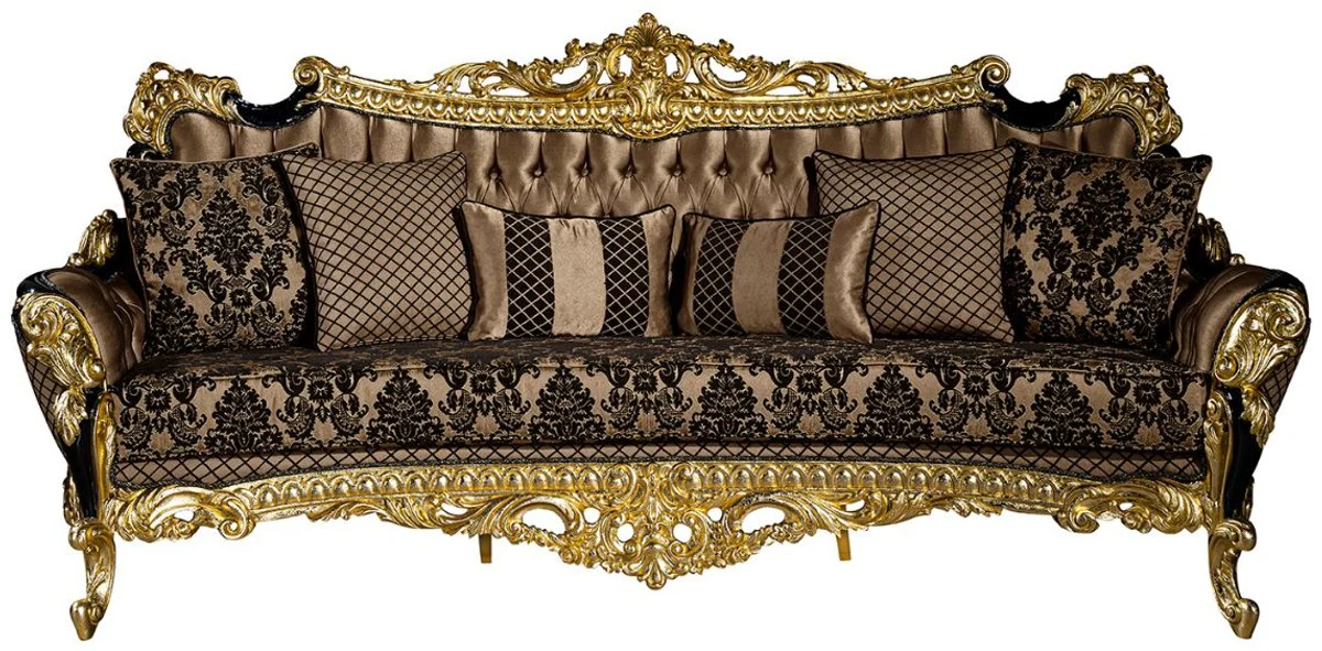 Luxury baroque sofa brown / black / gold 260 x 110 x H. 117 cm - Magnificent living room sofa with decorative pillows - Noble baroque furniture