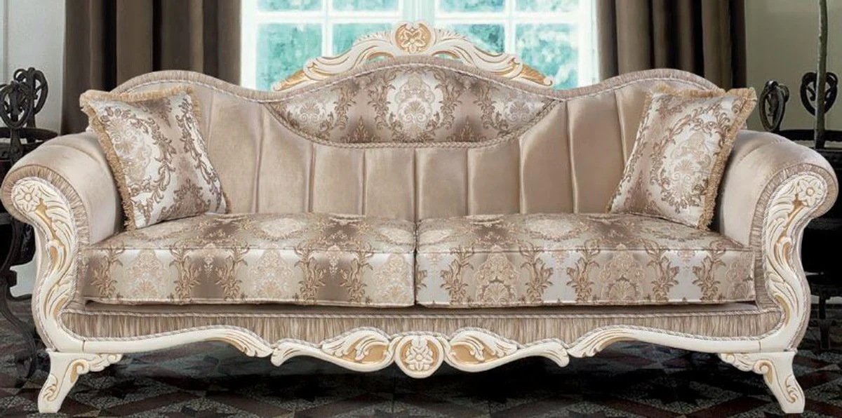 Luxury baroque sofa with cushions beige / white / gold 237 x 90 x H. 99 cm - Baroque living room furniture