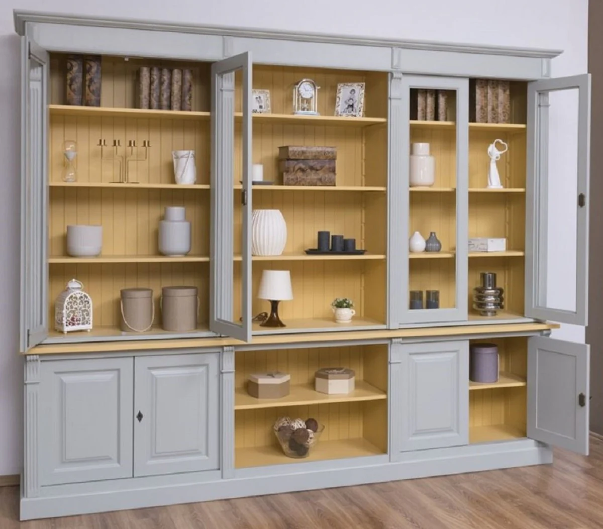 Country house style living room cabinet gray / yellow 286 x 51 x H. 228 cm - solid wood cabinet - bookcase - shelf cabinet - country house style furniture