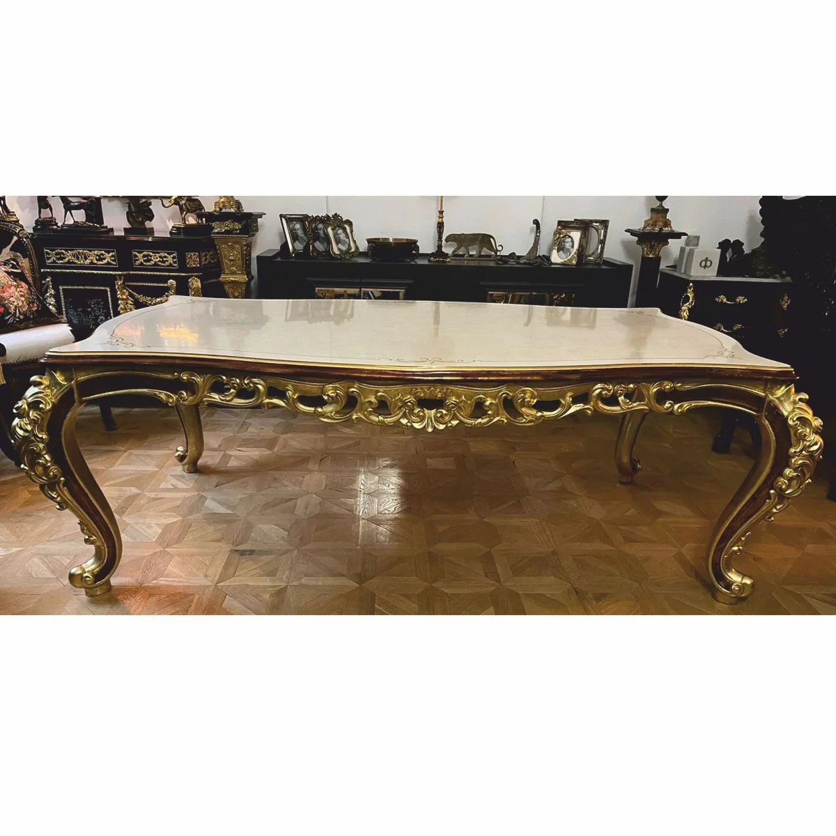 Luxury Baroque Dining Table Cream / Gold / Brown 225 cm - Baroque Dining Room Furniture