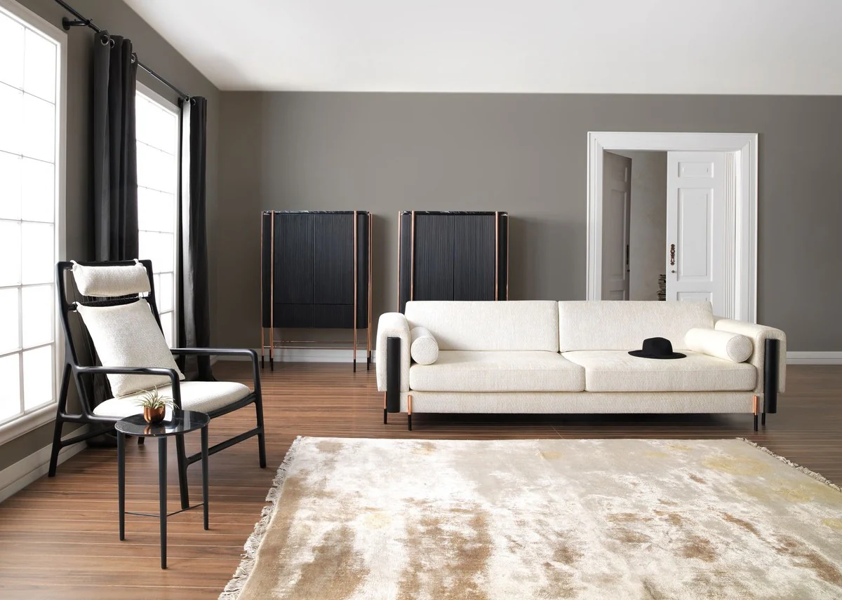 Luxury sofa cream white / matt black / copper 260 x 107 x H. 78 cm - living room sofa - hotel sofa - living room furniture - hotel furniture - luxury furniture - luxury furnishings