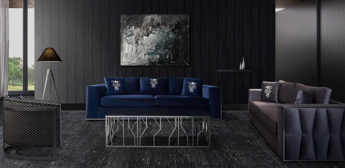 Luxury sofa purple / silver 240 x 95 x H. 65 cm - Living room sofa with decorative pillows - Luxury living room furniture