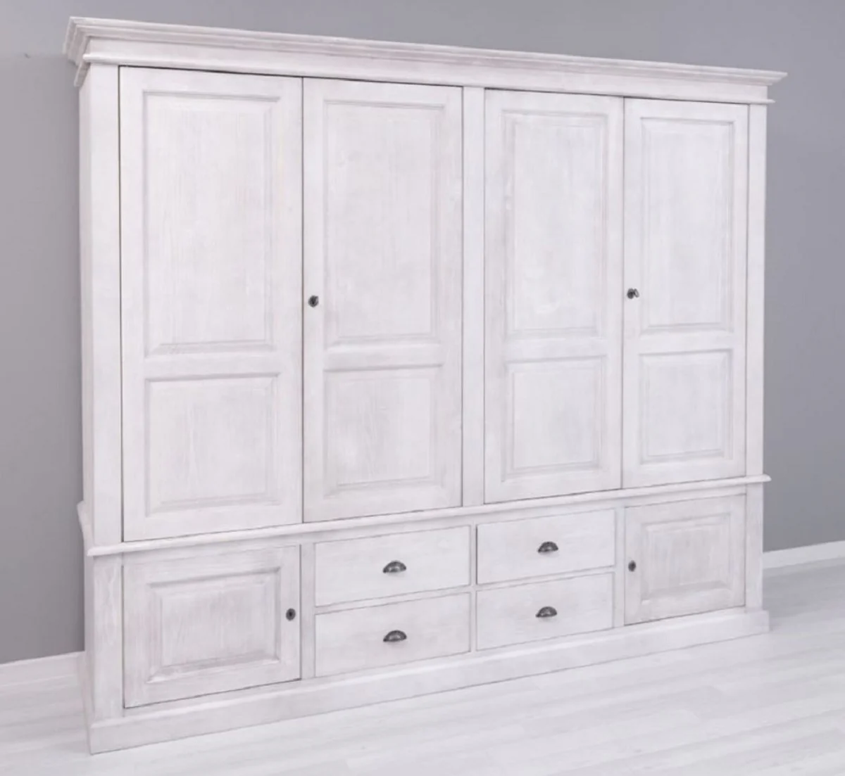 Country house style bedroom wardrobe light gray 232 x 59 x H. 197 cm - solid wood wardrobe with 6 doors and 4 drawers - solid wood bedroom furniture in country house style