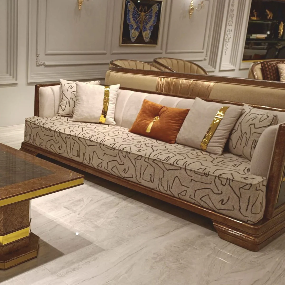 Luxury Art Deco Sofa Gray / Brown / Gold 238 cm - Living Room Furniture