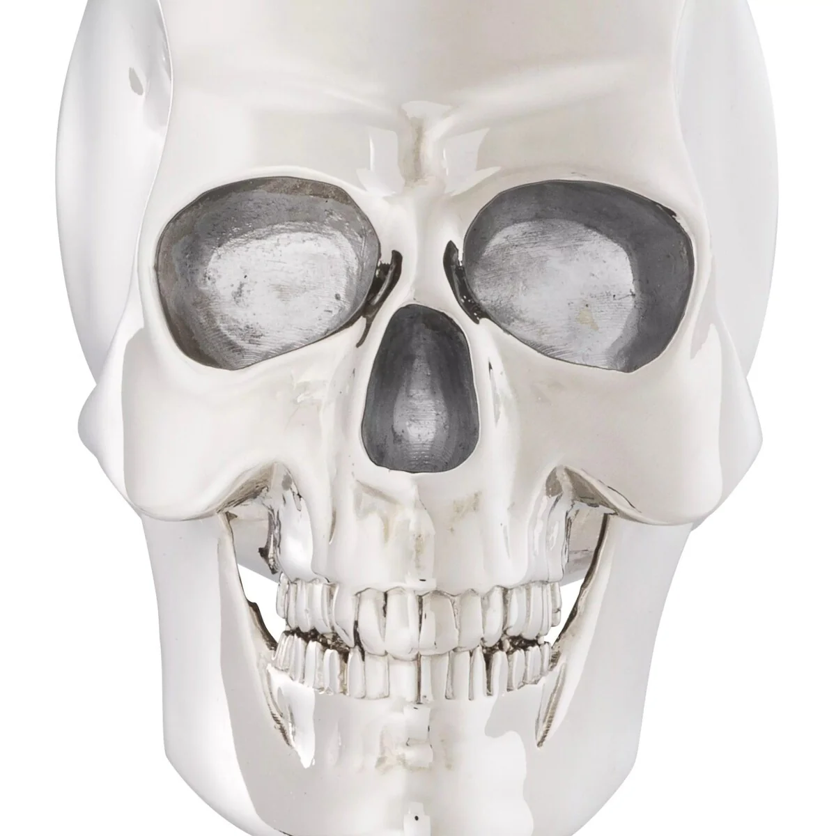 Philipp Plein Luxus Designer Deko Totenkopf Platinfarben / Weiß H. 20cm - Skull Skulptur aus Marmorsockel