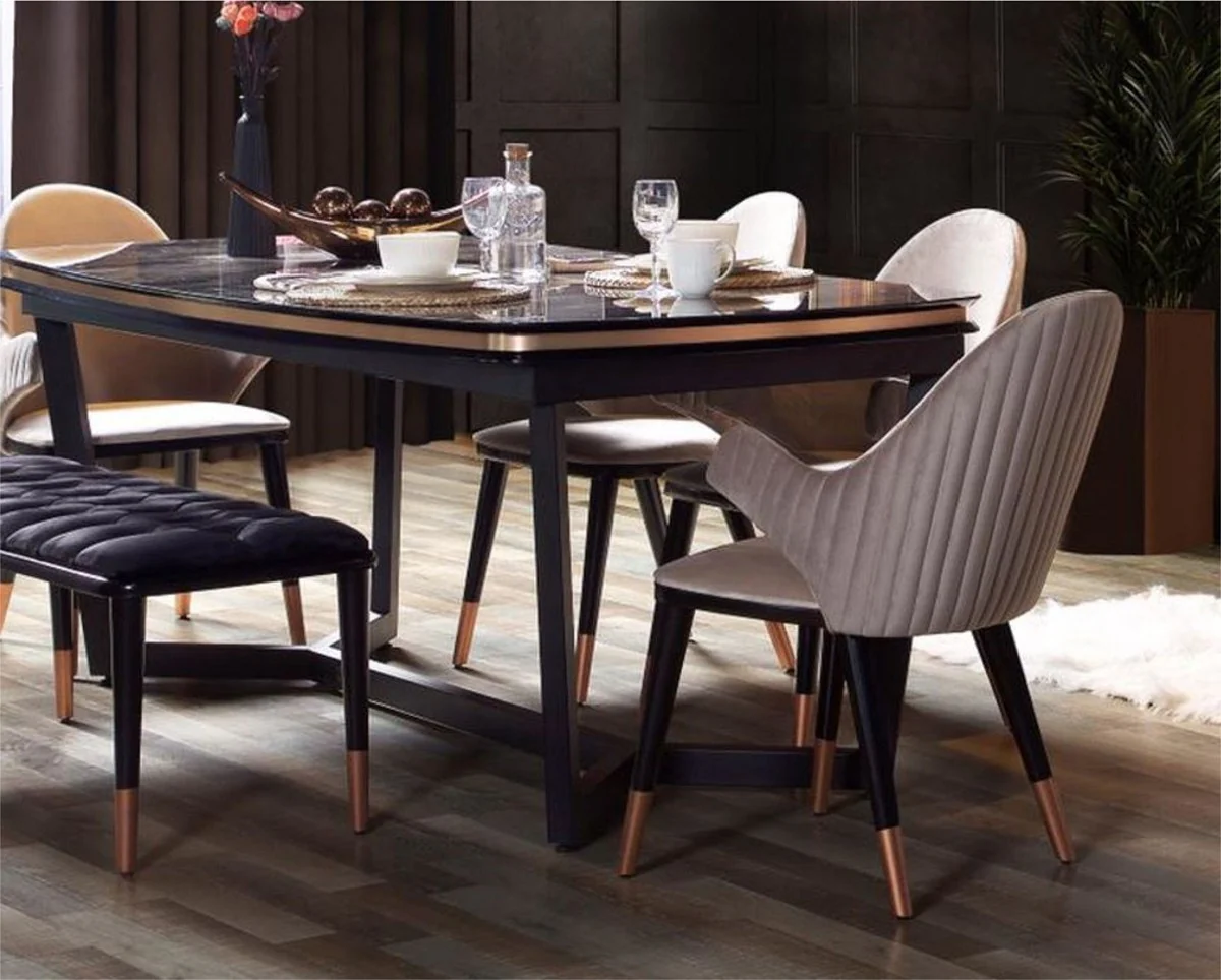 Luxury dining room set gray / black / copper - 1 extendable luxury dining room table & 6 luxury dining room chairs with armrests - dining room furniture - restaurant furniture - luxury furniture