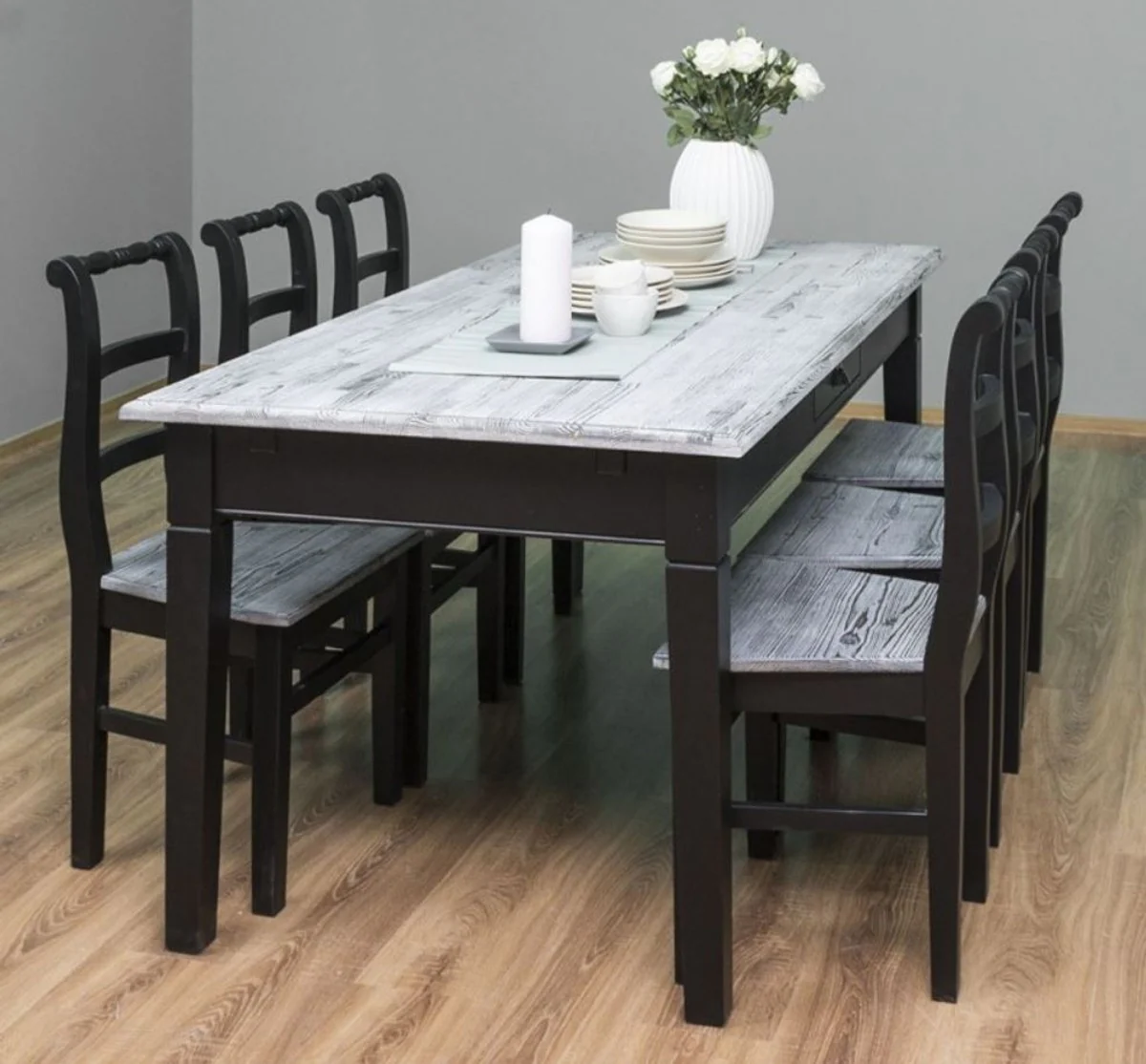 Country Style Dining Room Furniture Set Antique White/Black - 1 Dining Table & 6 Dining Chairs - Solid Wood Dining Room Furniture - Country Style Furniture
