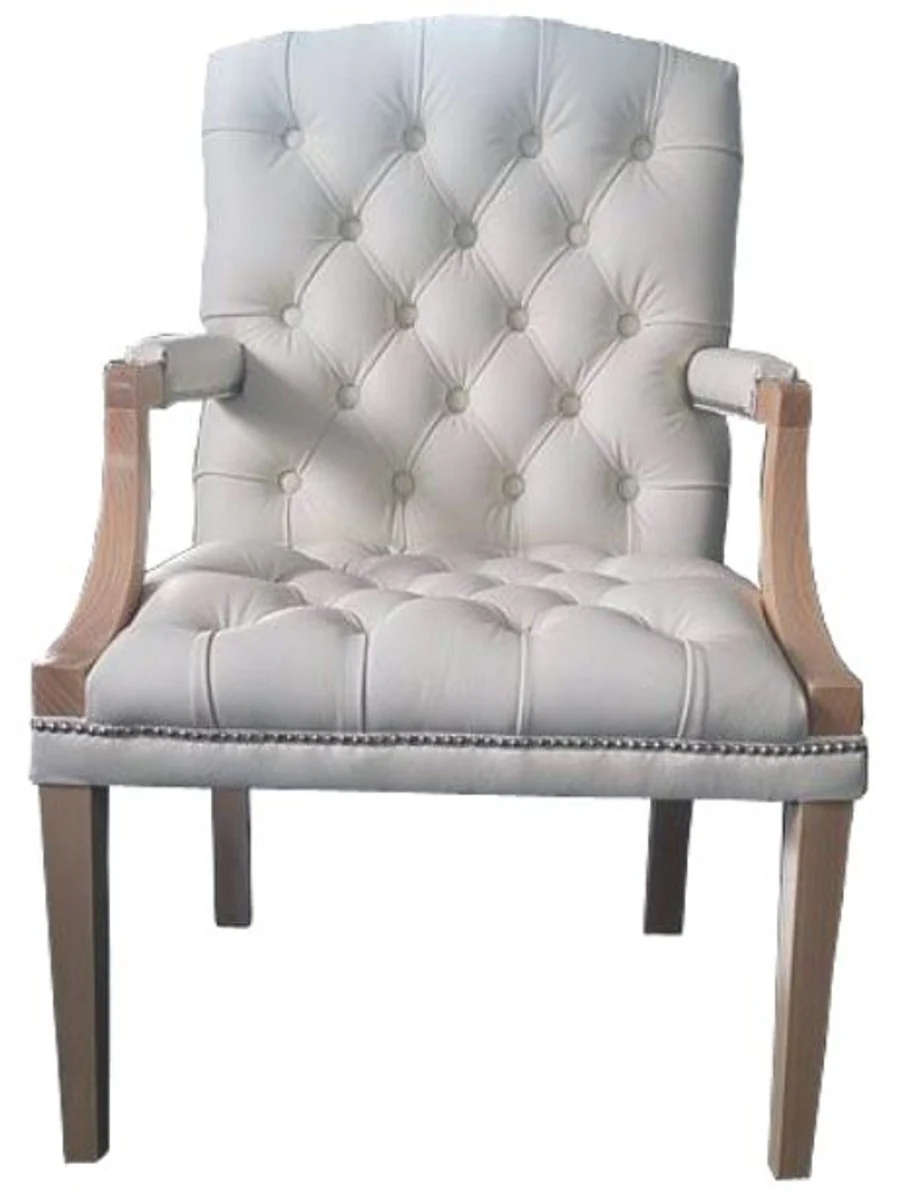 Real leather dining chair with armrests in white / light brown 60 x 60 x H. 100 cm - Chesterfield furniture
