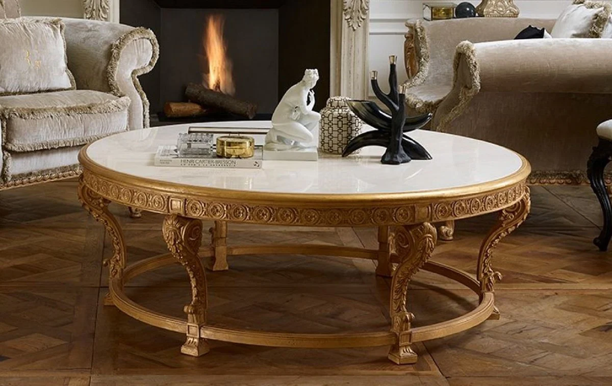 Luxury Baroque coffee table with marble top natural color / white - Round living room table in Baroque style - Baroque furniture - Baroque interior - Noble & magnificent - Luxury quality - Made in Italy