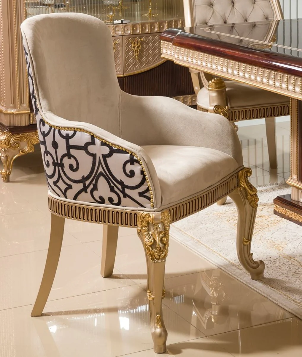 Luxury Baroque Dining Room Chair with Armrests Gray / White / Black / Gold H. 94 cm