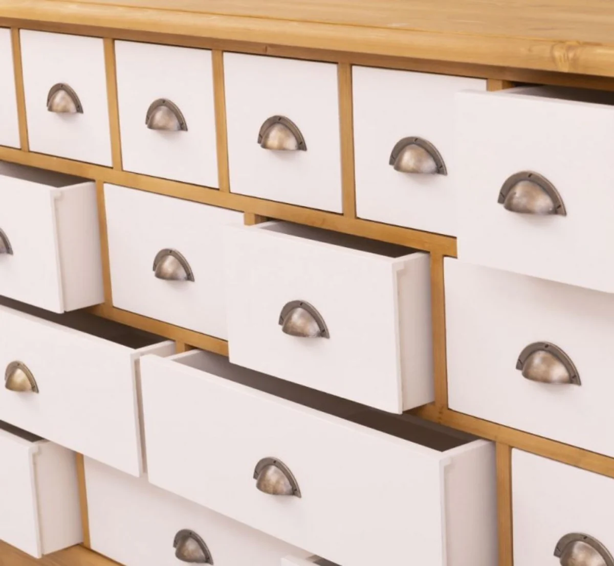 Country house style chest of drawers natural colors / white 180 x 48 x H. 95 cm - solid wood cabinet with 19 drawers - country house style furniture - furniture in country house style - country house style furnishings