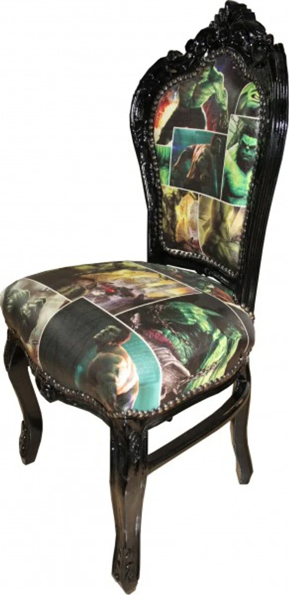 Baroque Dining Room Chair Comic Design / Black Leather Look Furniture Antique Style - Limited Edition!