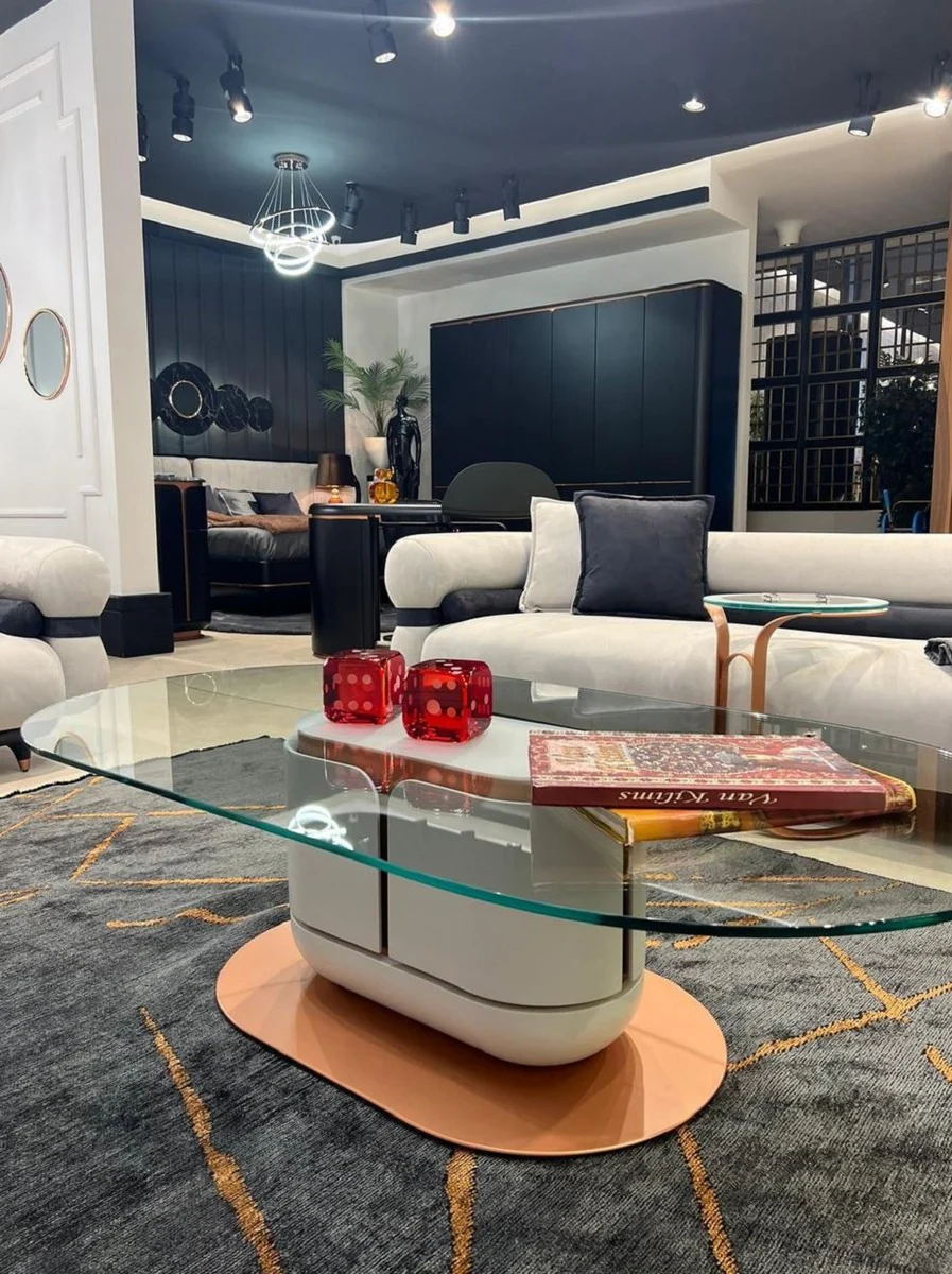 Luxury coffee table white / copper 150 x 80 x H. 40 cm - Living room table with glass top - Living room furniture - Hotel furniture - Luxury furniture - Luxury furnishings