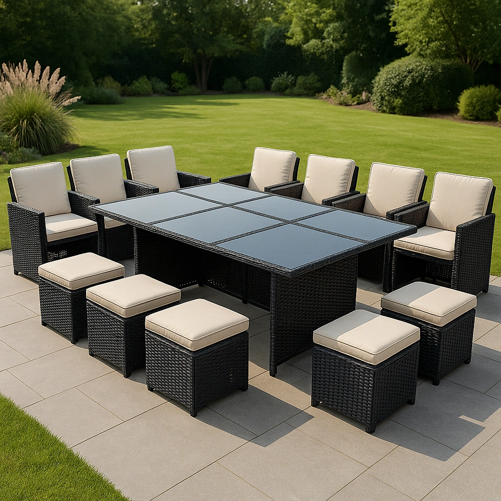 Essgruppe für den Außenbereich + rechteckiger Tisch mit Sesseln und Hockern + schwarz/beige + PE-Rattan + für den Außenbereich/Innenbereich