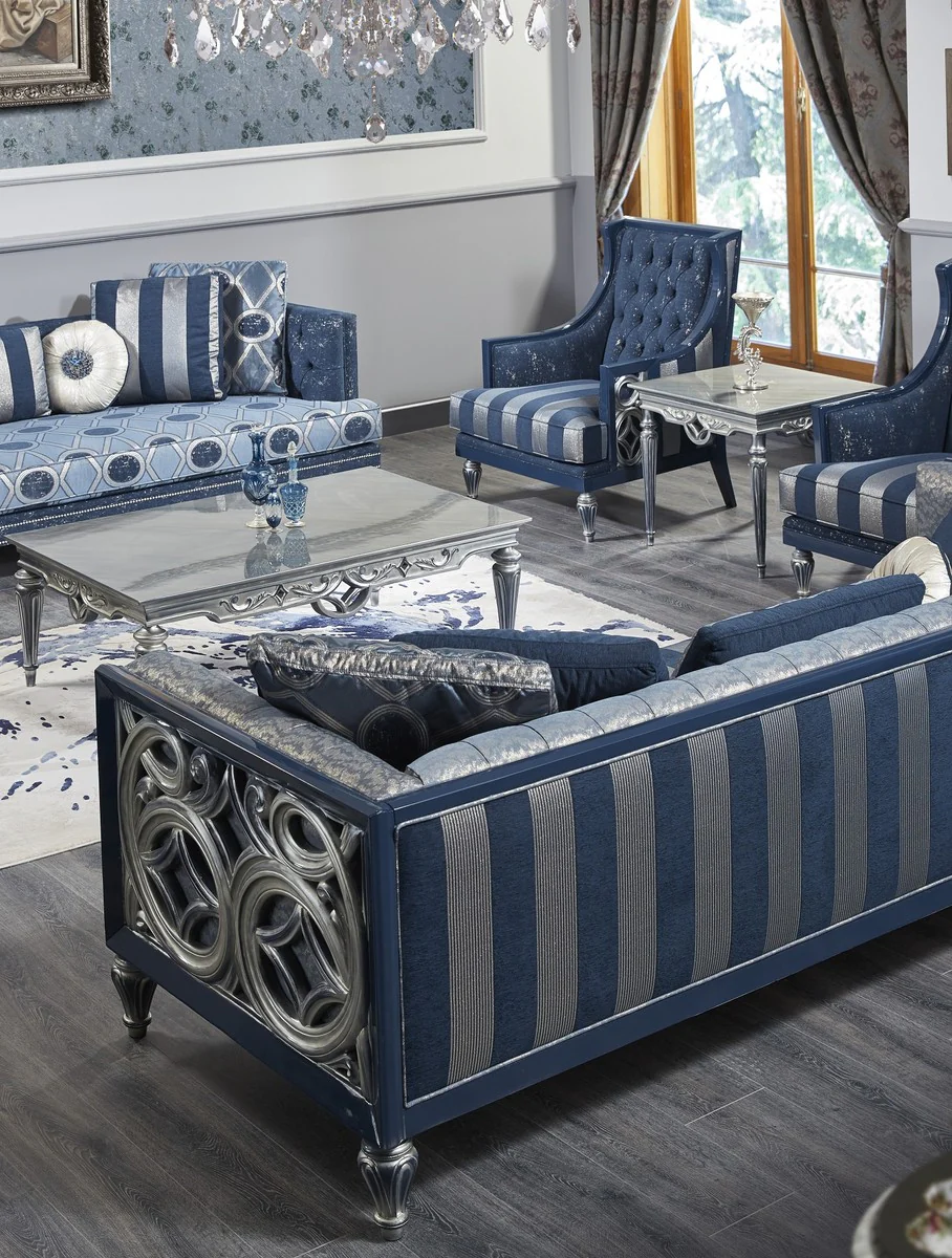 Luxury Baroque Chesterfield sofa blue / silver stripes 250 x 92 x H. 85 cm - living room furniture in the baroque style