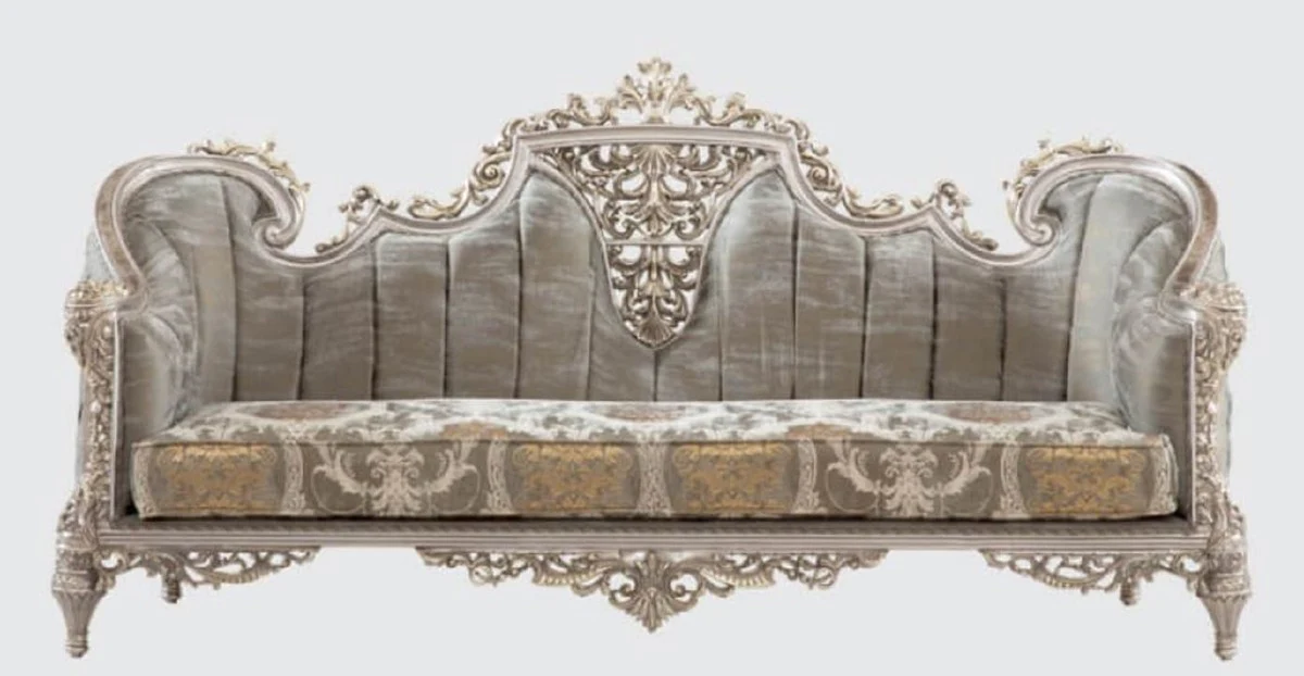 Luxury baroque sofa gray / silver / gold 240 x 90 x H. 120 cm - magnificent living room sofa with an elegant pattern - furniture in the baroque style