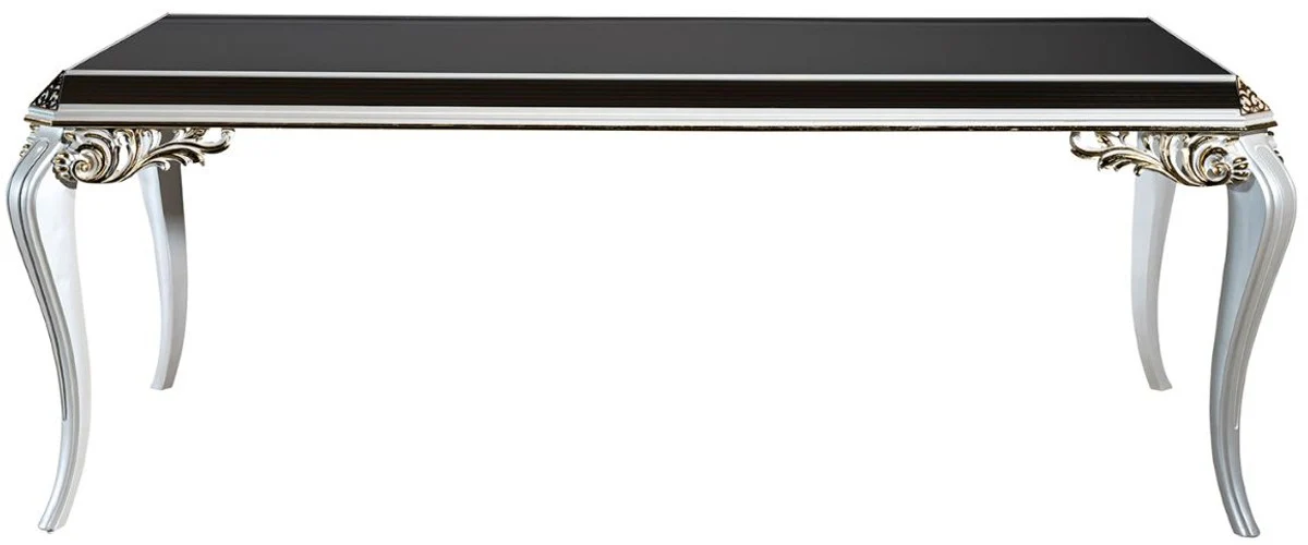 Luxury baroque dining table white / gold / black 207 x 104 x H. 78 cm - solid wood kitchen table with glass top - elegant dining room furniture in baroque style