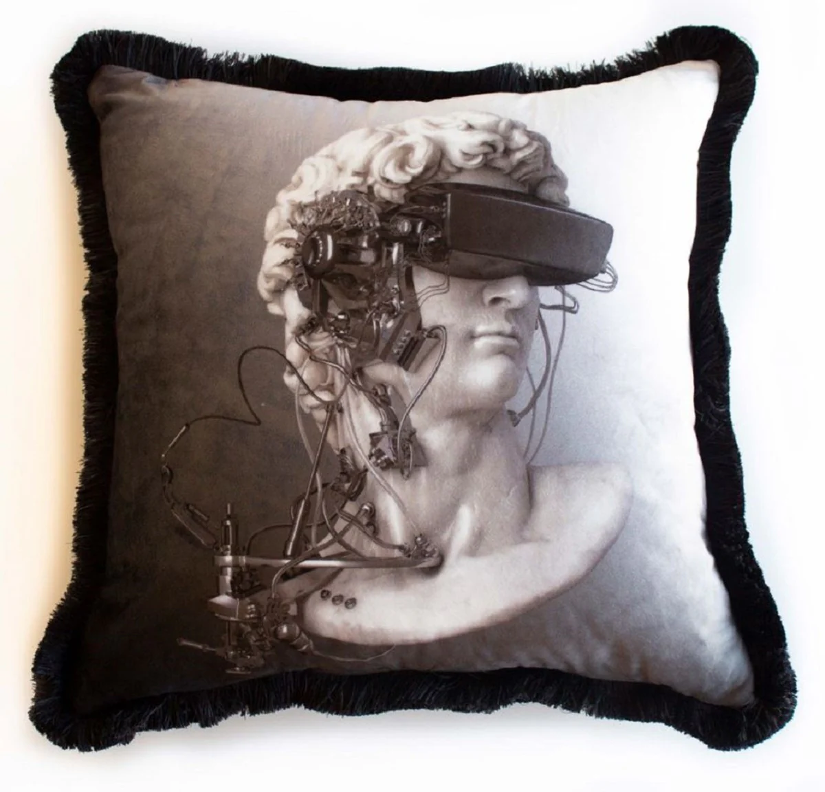 Luxury decorative cushion cyber baroque bust gray / white / black 45 x 45 cm - printed velvet cushion with fringes - luxury decorative accessories