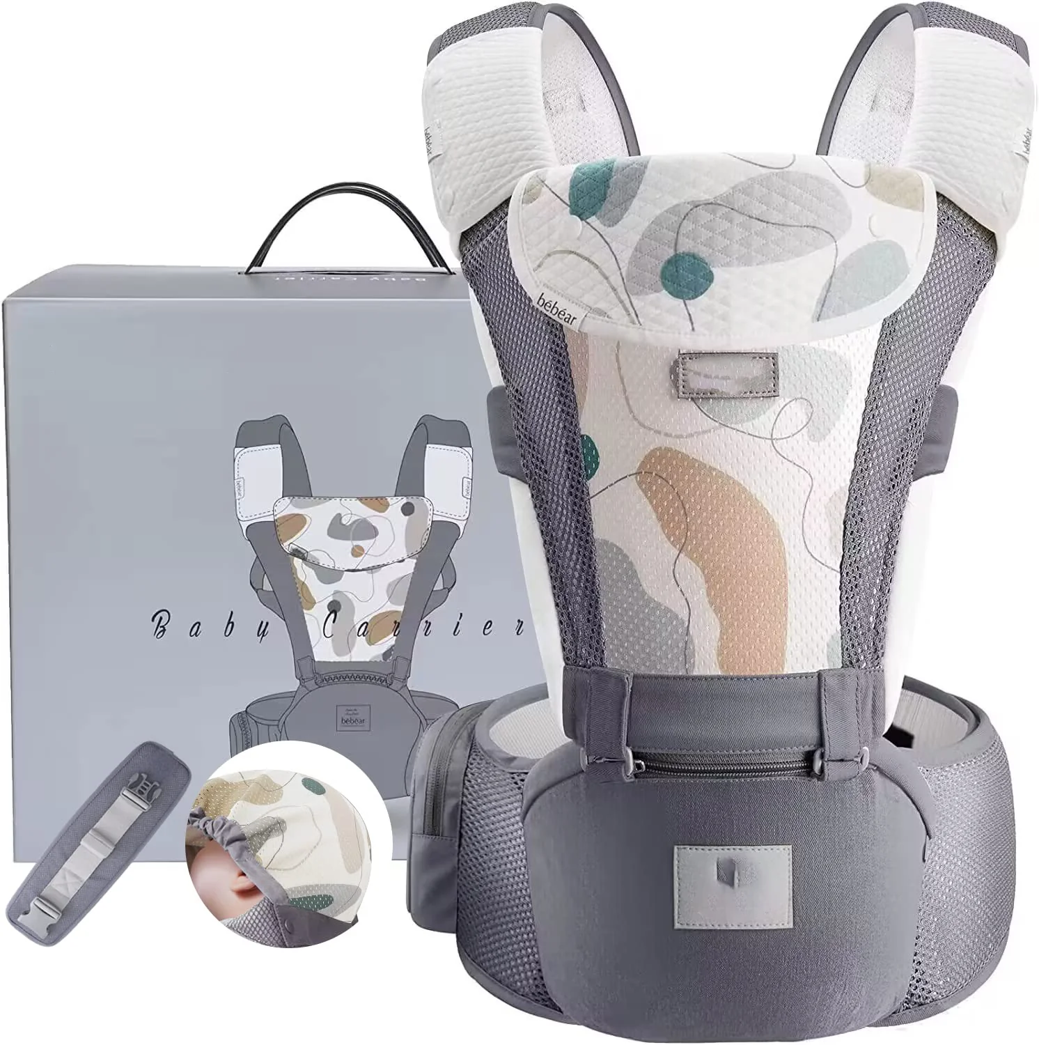 Babytrage für Neugeborene bis Kleinkinder, Baby-Hüfttrage mit Kopfhaube, Taillenverlängerung und 3 Beißpolstern (grau)