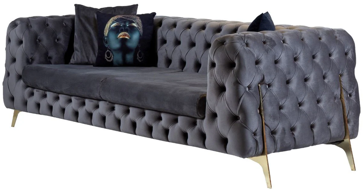 Luxury Chesterfield velvet sofa gray / brass 240 x 95 x H. 81 cm - Modern living room sofa - Chesterfield furniture