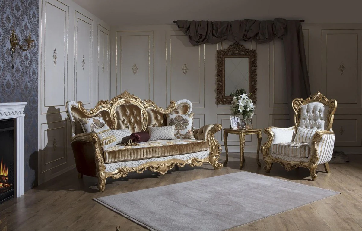 Luxury baroque sofa gold / white / gold 248 x 108 x H. 122 cm - living room sofa with elegant pattern and decorative pillows - magnificent baroque furniture