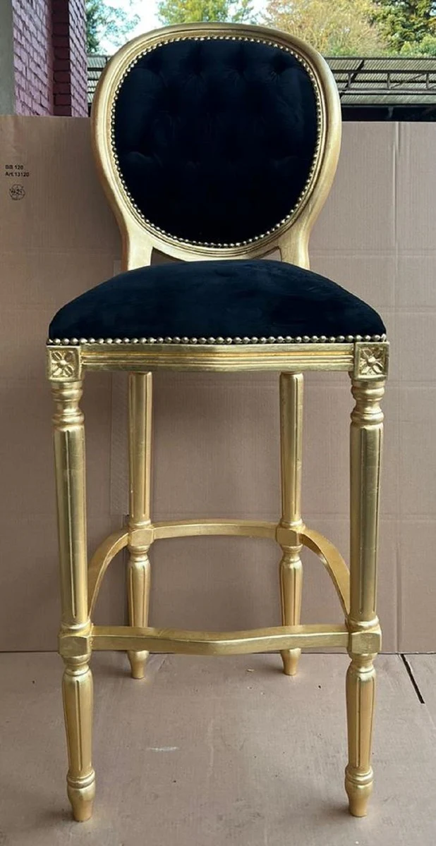 Baroque bar chair black / gold - magnificent baroque style solid wood bar stool with elegant velvet fabric - baroque bar furniture