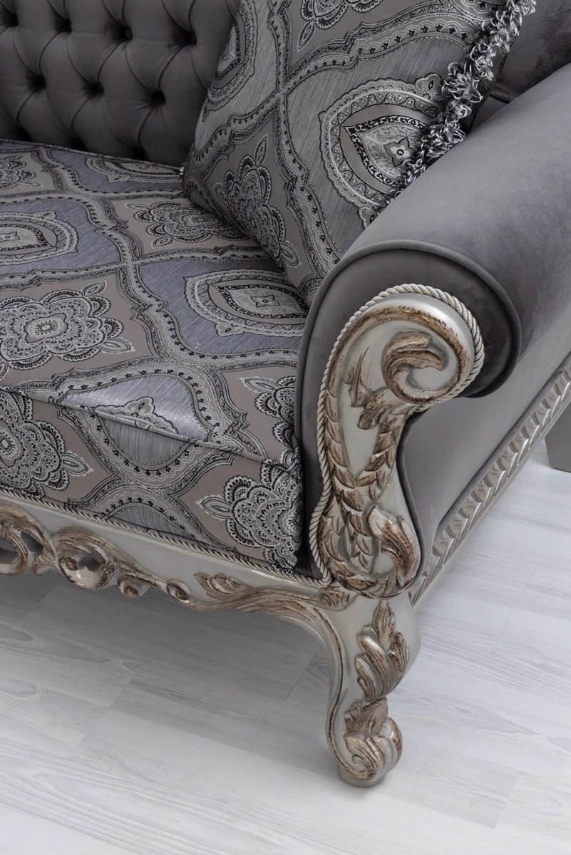 Luxury Baroque Sofa Gray / Blue / Silver / Bronze 230 x 90 x H. 135 cm - Magnificent solid wood living room sofa with elegant pattern and decorative pillows - Baroque living room furniture