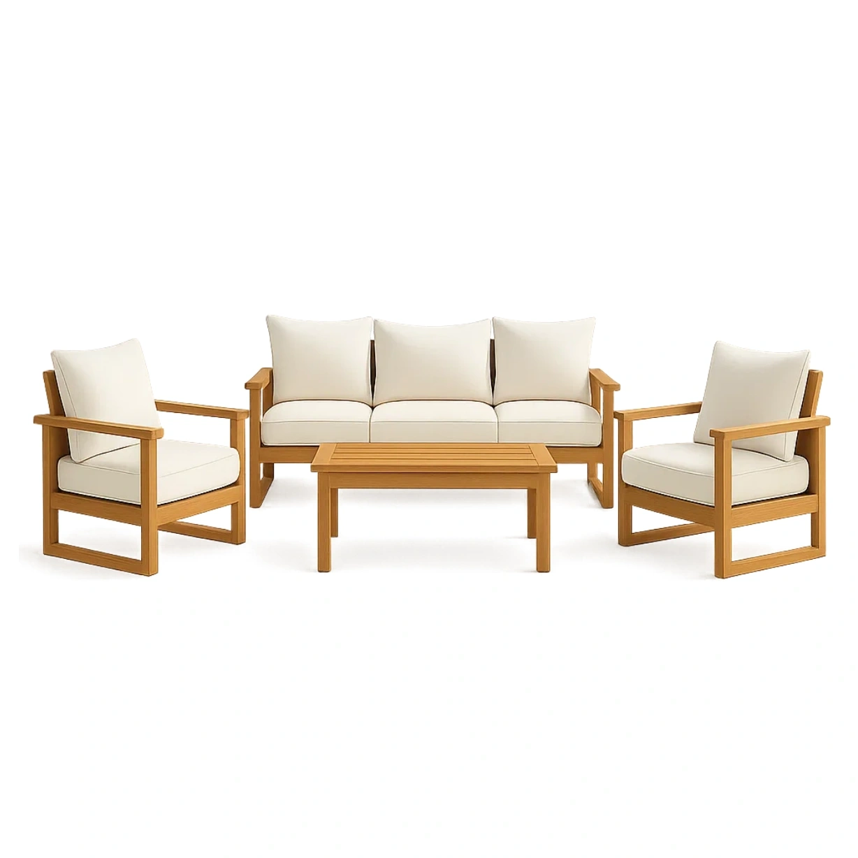 5-teiliges Gartenmöbelset mit 3-Sitzer-Sofa, 2 Sesseln und Couchtisch aus naturbelassenem Teakholz mit weißen Kissen, feste Montage. Sofa: 190 x 80 x 70 cm, Sessel: 80 x 80 x 70 cm, Tisch: 100 x 60 x 45 cm - WhEI0upPgGJx