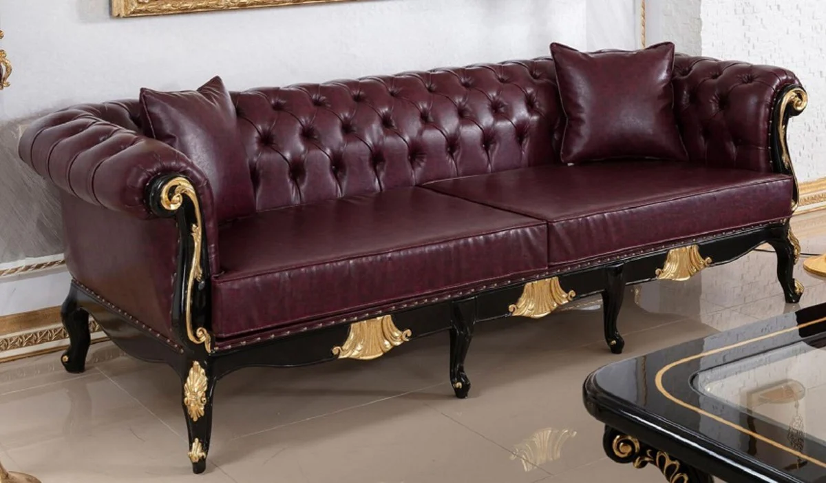 Luxury Baroque Chesterfield Leather Sofa Bordeaux Red / Black / Gold - Magnificent Living Room Real Leather Sofa - Baroque Chesterfield Leather Furniture - Luxury Furniture in Baroque Style
