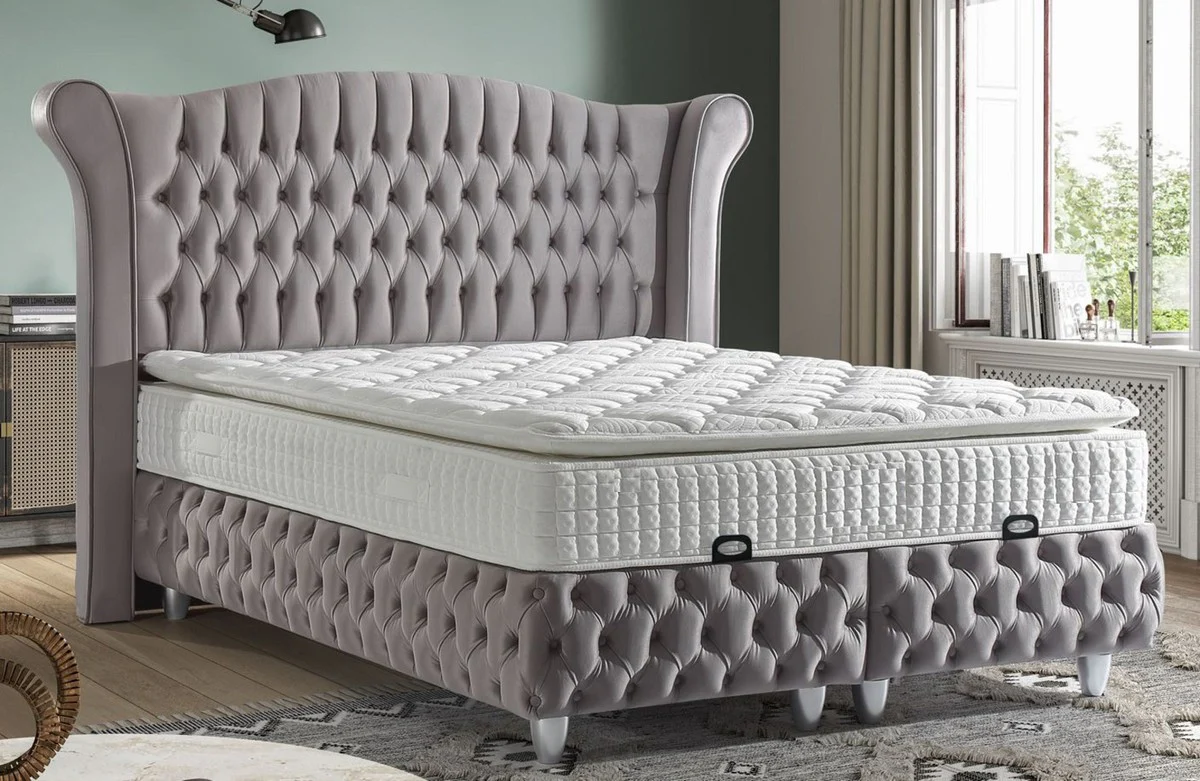 Luxury Chesterfield Double Bed Gray / Silver - Various Sizes - Solid Wood Bed with Headboard and Mattress - Bedroom Furniture - Hotel Furniture - Chesterfield Furniture - Luxury Furniture