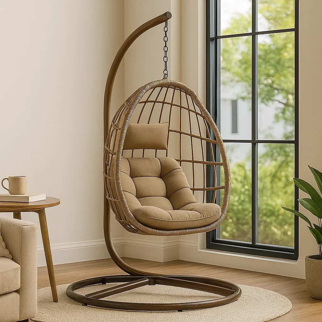 Hängesessel aus Rattan, Metallgestell, braun, mit beigen Kissen, inklusive Gestell, 90x90x195 cm - GlxsKFz3gEts