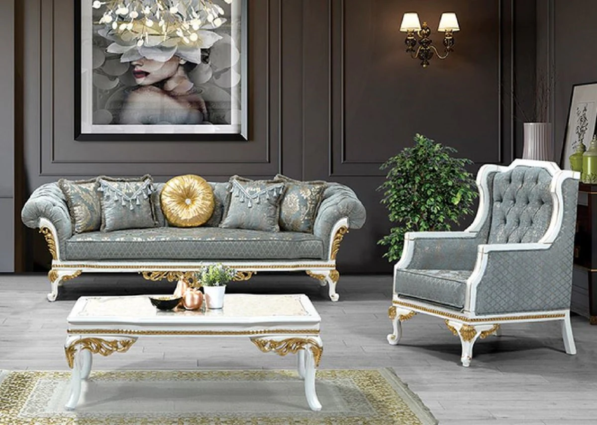 Luxus Barock Wohnzimmer Set Türkis / Grau / Weiß / Gold - 2 Sofas mit Muster & 2 Sessel mit Muster & 1 Couchtisch - Prunkvolle Barock Wohnzimmer Möbel