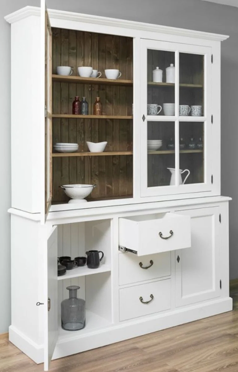 Country house style kitchen cabinet white / brown 179 x 47 x H. 225 cm - solid wood kitchen cabinet with 4 doors and 3 drawers - country house style kitchen furniture