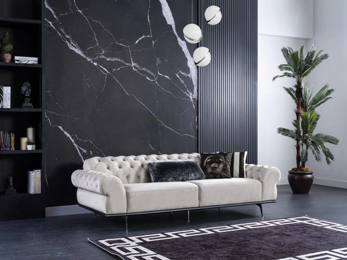 Luxury Art Deco Chesterfield living room sofa cream / silver 240 x 95 x H. 63 cm - Luxury living room furniture