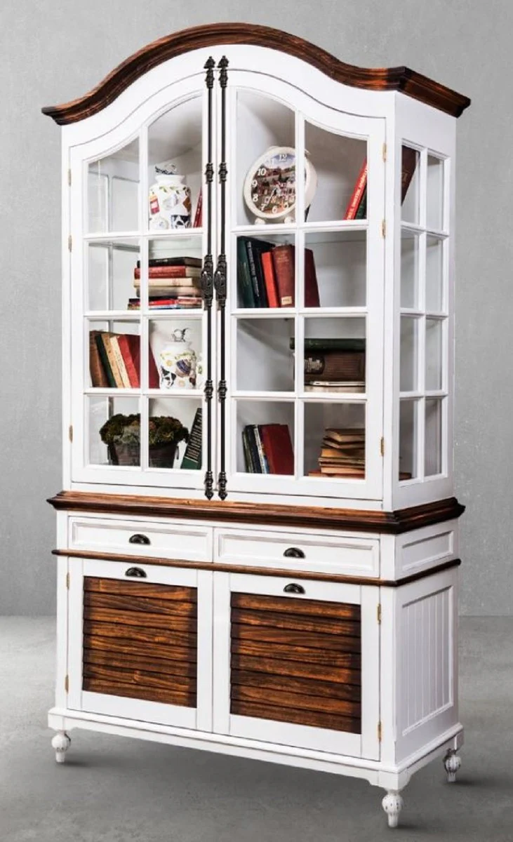 Luxury country house style cabinet antique white / brown 140 x 51.5 x H. 246.5 cm - country house style dining room cabinet with 4 doors and 2 drawers - country house style display cabinet - country house style dining room furniture