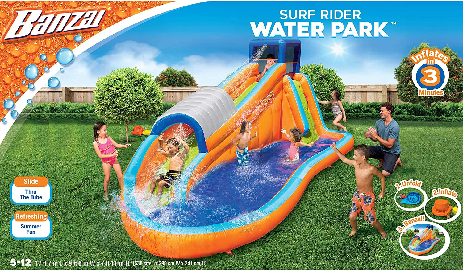 Banzai Surf Rider Aufblasbarer Aqua-Wasserrutschen-Splash-Park für Kinder im Hinterhof mit Kletterwand, Tunnelrutsche und Lagunen-Planschbecken für Kinder im Alter von 5 bis 12 Jahren