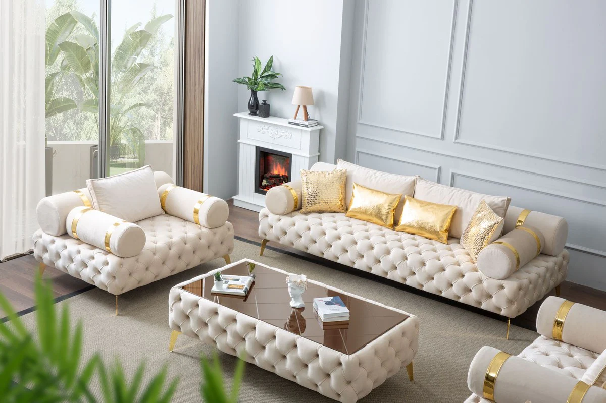 Luxury Chesterfield coffee table cream / gold / brown 140 x 80 x H. 45 cm - Living room table with glass top - Living room furniture - Chesterfield furniture - Luxury furniture - Luxury furnishings