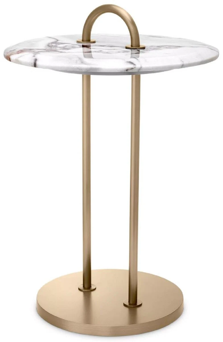 Luxury side table brass / white Ø 38.5 x H. 58 cm - Round table with marble top and carrying handle - Living room furniture - Luxury furniture - Living room furnishings - Luxury quality