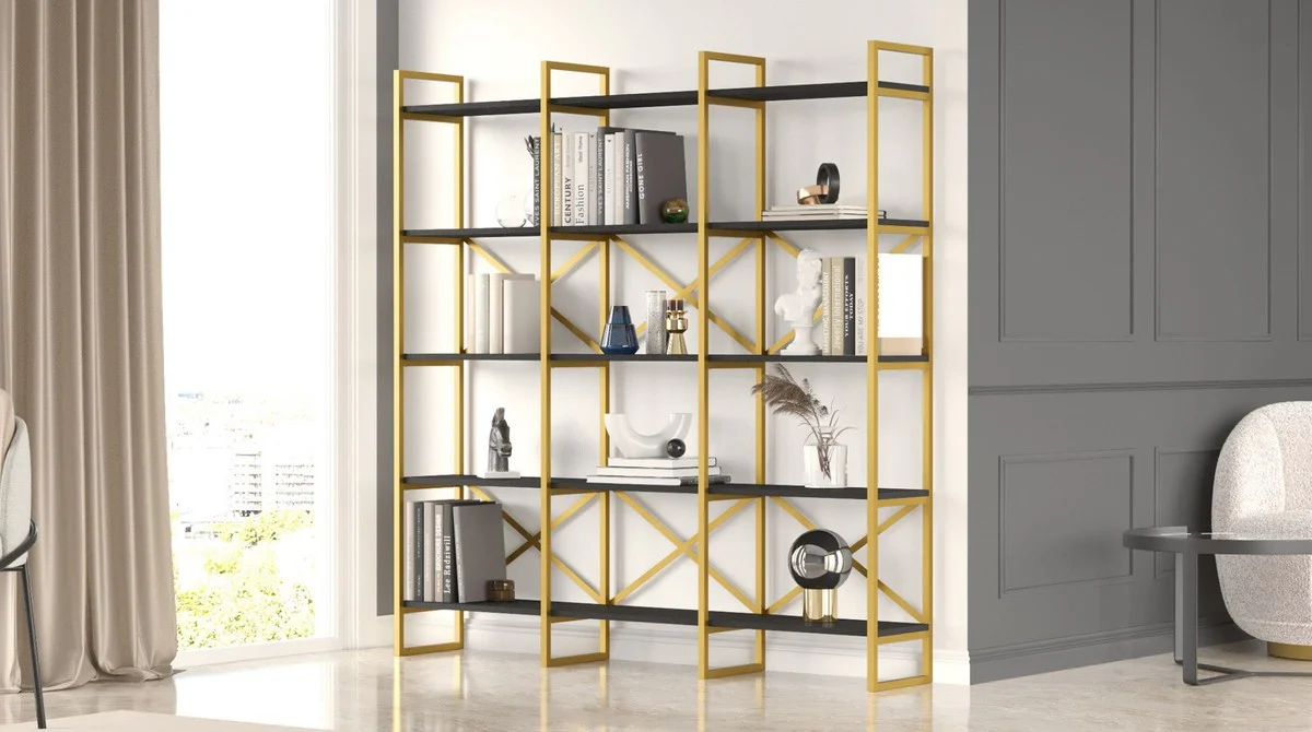 Luxury shelf cabinet with solid wood shelves gold / black 170 x 30 x H. 175 cm - bookcase - living room cabinet - office cabinet - living room furniture - office furniture - luxury furniture