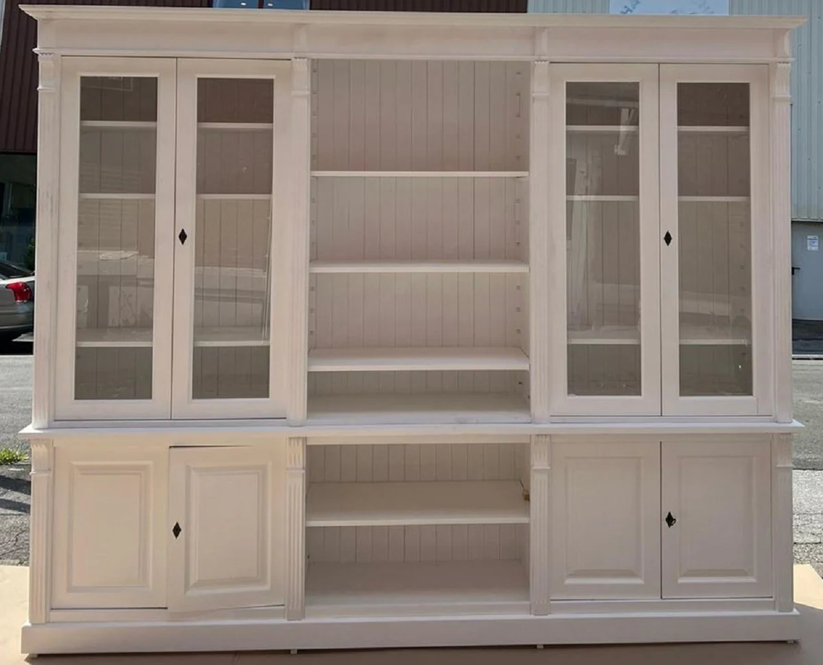 Country house style cupboard white 286 x 51 x H. 228 cm - solid wood bookcase - living room cupboard - shelf cupboard - office cupboard - country house style furniture