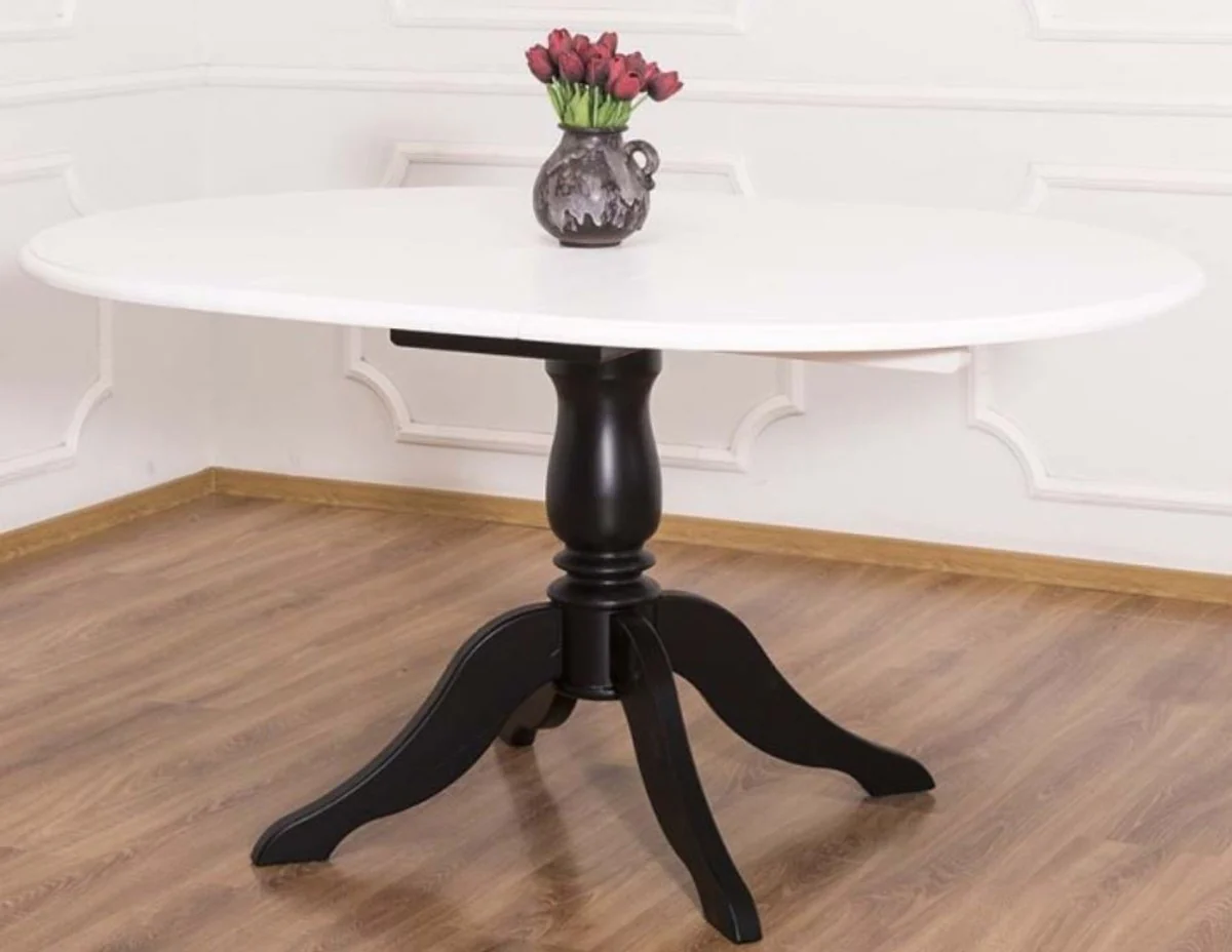 Country house style dining table white / black Ø 120 x H. 78 cm - Round extendable solid wood kitchen table - Country house style dining room furniture