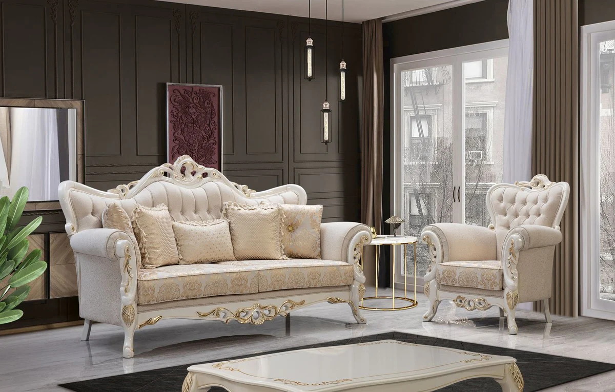 Luxury baroque sofa white / gold - baroque style living room sofa with elegant pattern - luxury living room furniture in baroque style - baroque furniture - baroque furnishings
