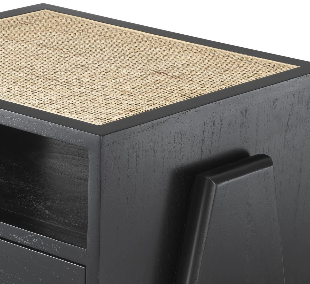 Luxury bedside table black / natural colors 58 x 45 x H. 55.5 cm - solid wood side table with rattan weave - luxury bedroom furniture