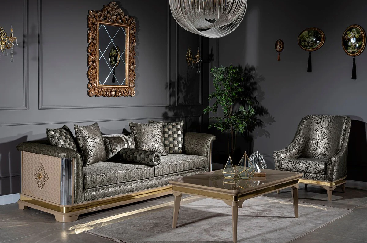 Luxury Art Deco sofa silver / black / beige / gold 249 x 93 x H. 72 cm - Living room sofa with decorative pillows - Art Deco living room furniture
