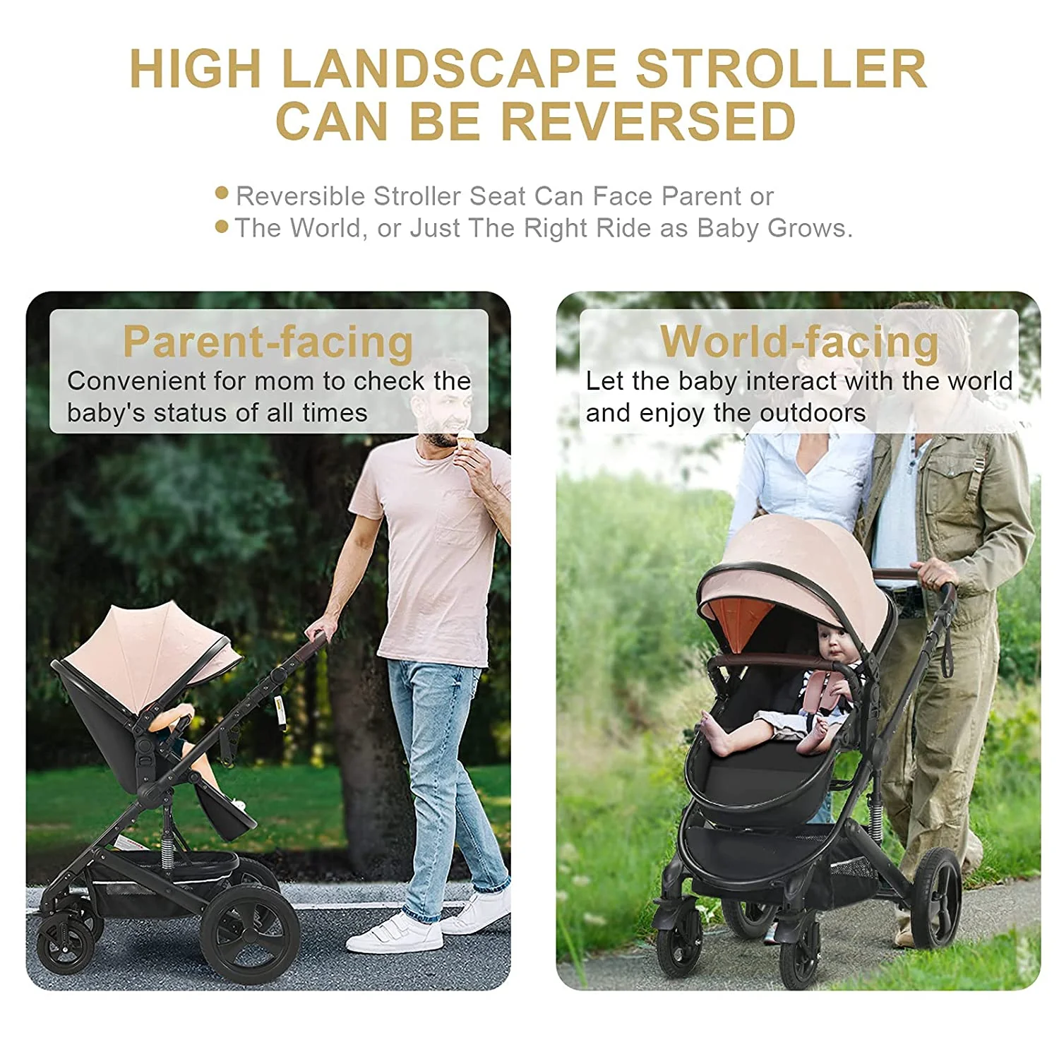 Kinderwagen für Neugeborene und Kleinkinder – Kinderwagen mit verstellbarer, umkehrbarer Rückenlehne, 2-in-1-Hochformat, umwandelbarer Stubenwagen, faltbarer Aluminiumlegierung, 3D-Stoßdämpfung, All-Terrain-Kinderwagen
