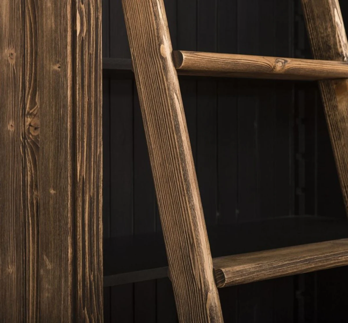 Country house style bookcase with ladder brown / black 120 x 51 x H. 228 cm - solid wood cabinet - shelf cabinet - living room cabinet - office cabinet - country house style furniture