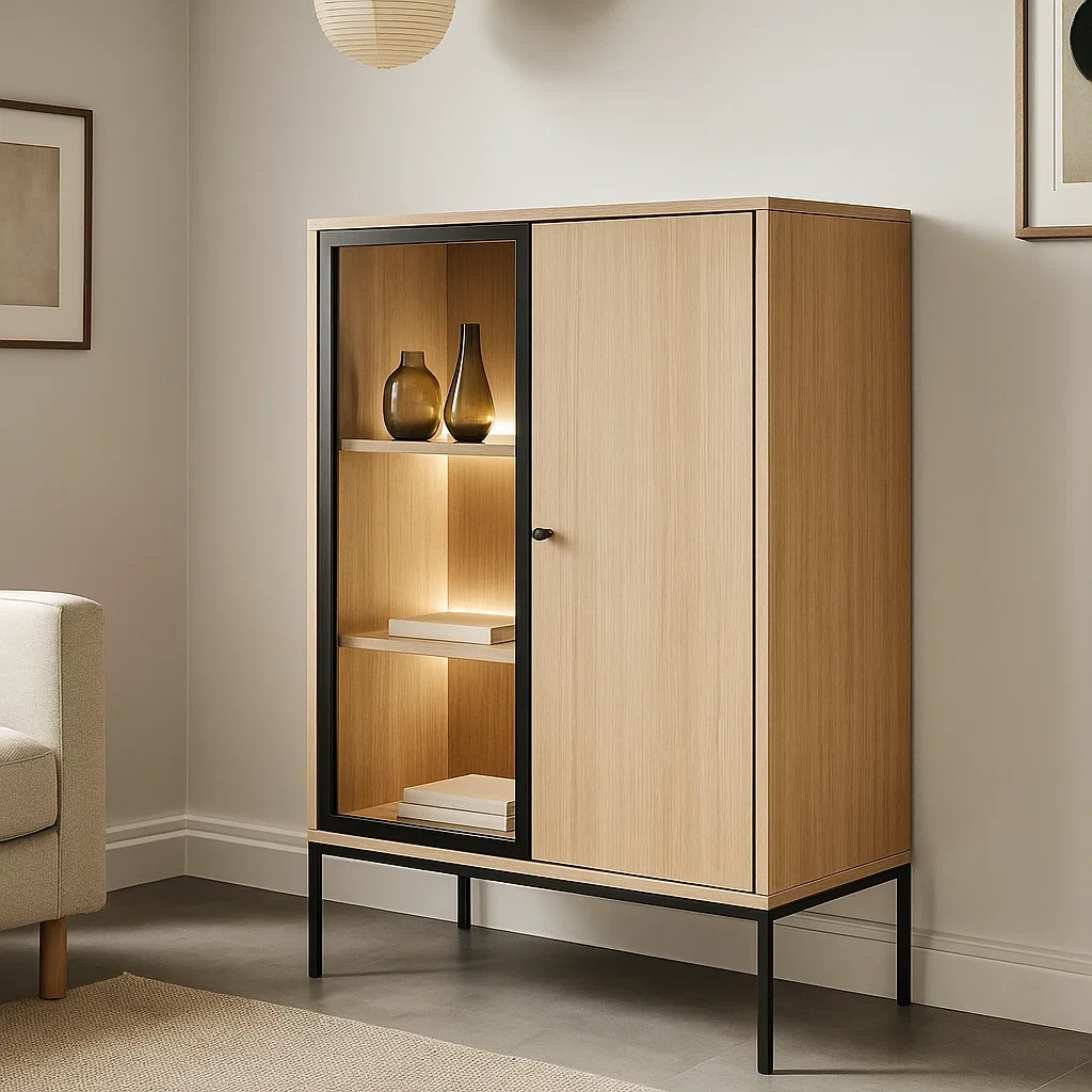 Vitrine mit Glas- und Holztüren, 3 Einlegeböden, MDF und Metall, helle Eiche und schwarze Ausführung, freistehend, für Wohn- oder Esszimmer, 85 x 35 x 140 cm - 4D6SaRu38Mfa